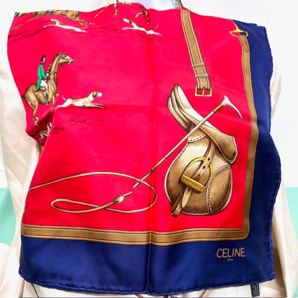 Unused-CELINE Paris 100% SilkScarf 34" x34" Red Blue Hourses Dogs Italy Made(59 - Picture 7 of 15